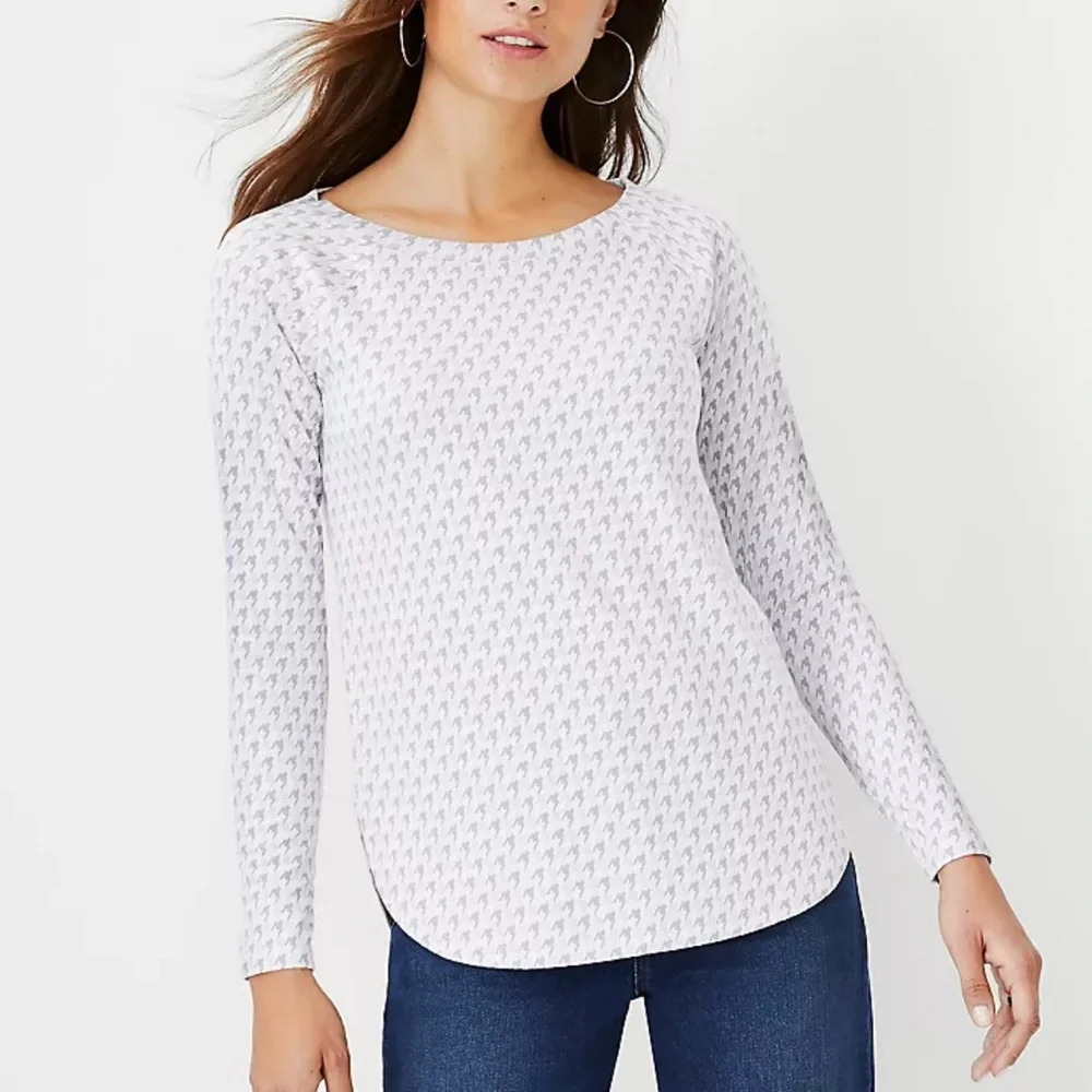 Ann Taylor Houndstooth Boat Neck Top Gray & Purple Round Hem Medium Women’s